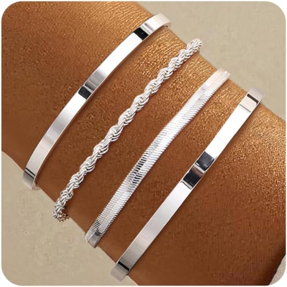 Trendy 16k Gold Chunky Bangle Cuff Bracelet Set - Non Tarnish & Sweatproof